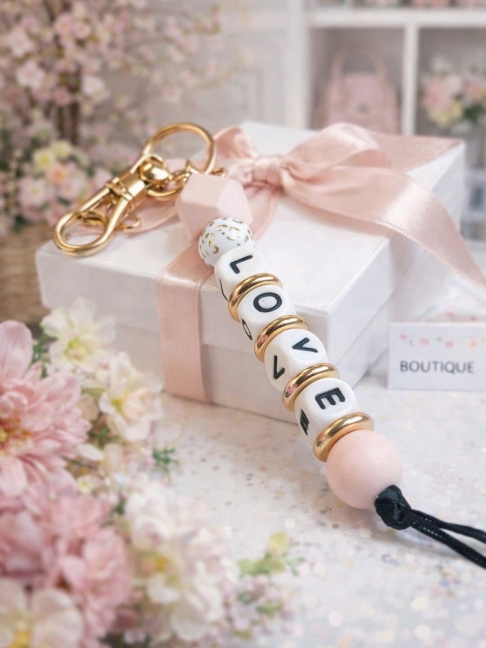Personalized 'LOVE' Pink Beaded Keychain Accessory